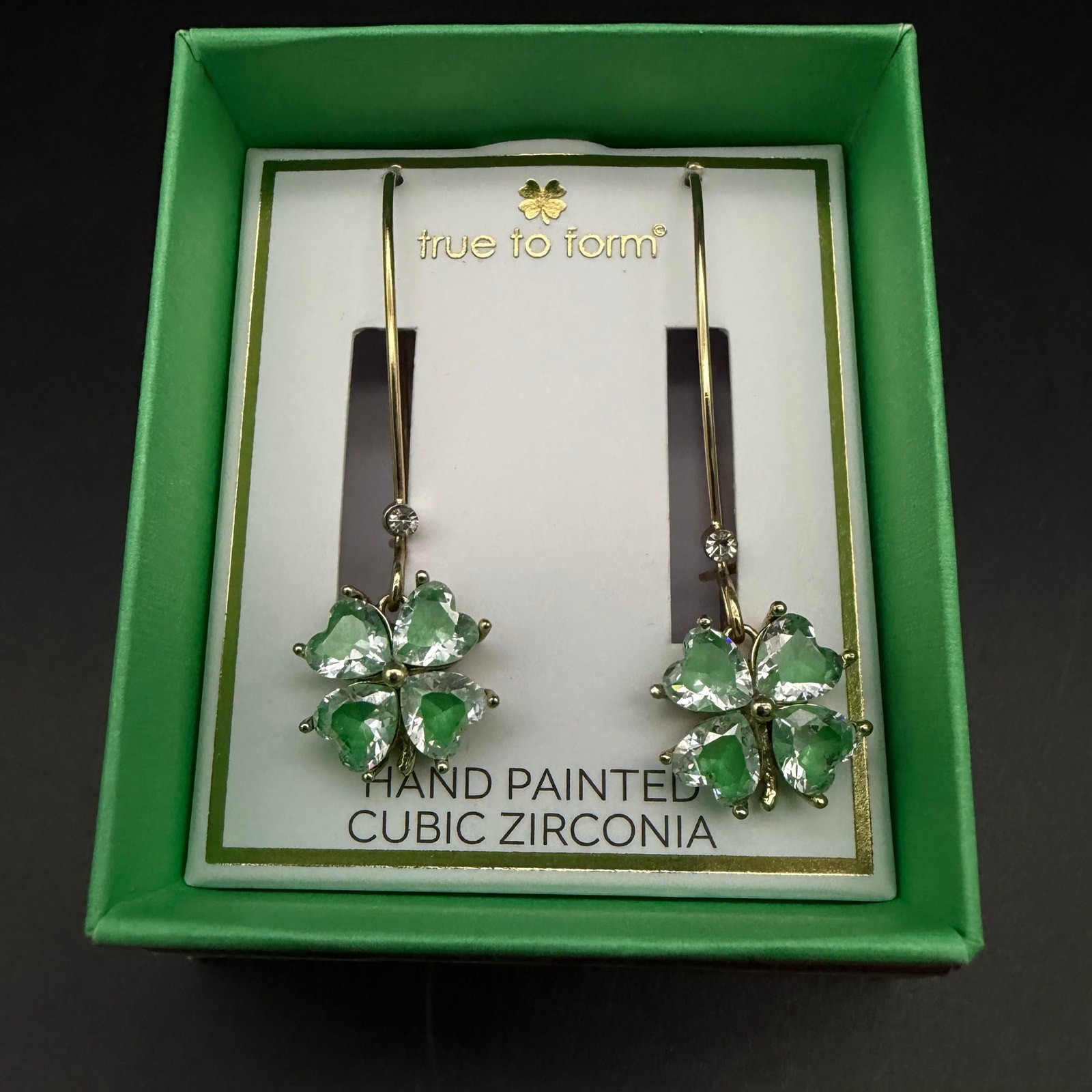 NEW True To Form Hand Painted Shamrock 4 Leaf Clover Earrings ~St Patrick’s Day