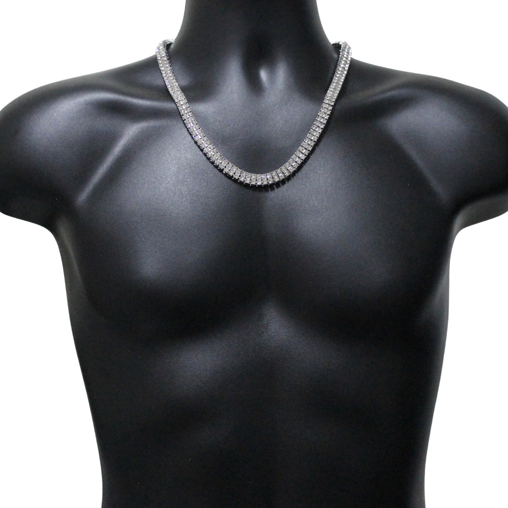 Men Women 2 Row Iced Tennis Necklace Silver Plated Choker Chain Cz Hip Hop
