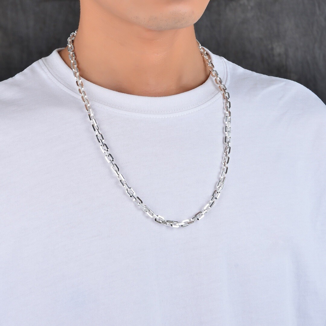 HEAVY 6MM Real 925 Sterling Silver Rectangle Chain Mens Hip Hop Necklace Choker