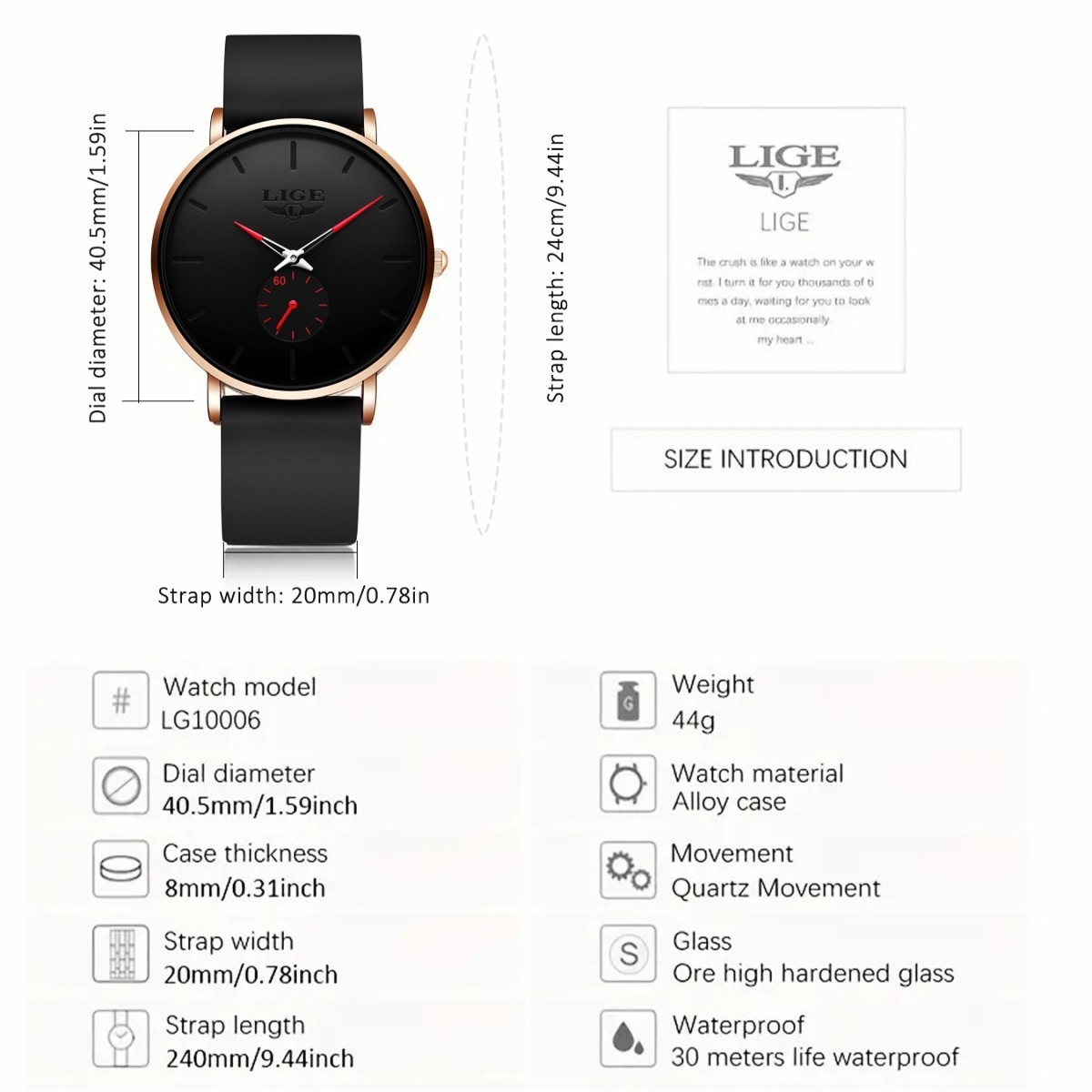 LIGE Men Watch Ultra-thin Quartz Analog 3ATM Waterproof Casual Ladies Wristwatch