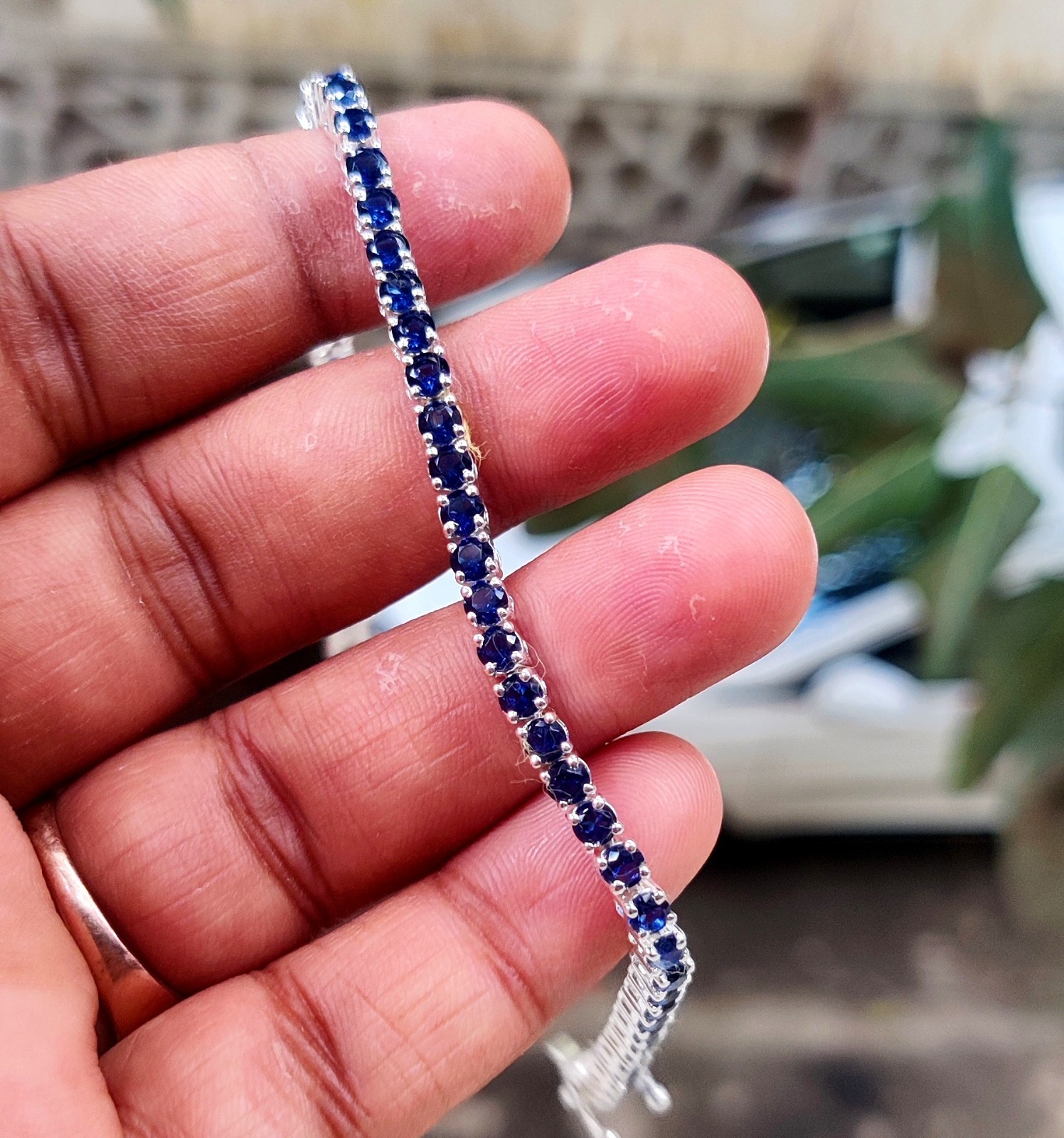 6Ct Lab Created Blue Sapphire Tennis Bracelet 7.5″ 14K White Gold Plated Silver