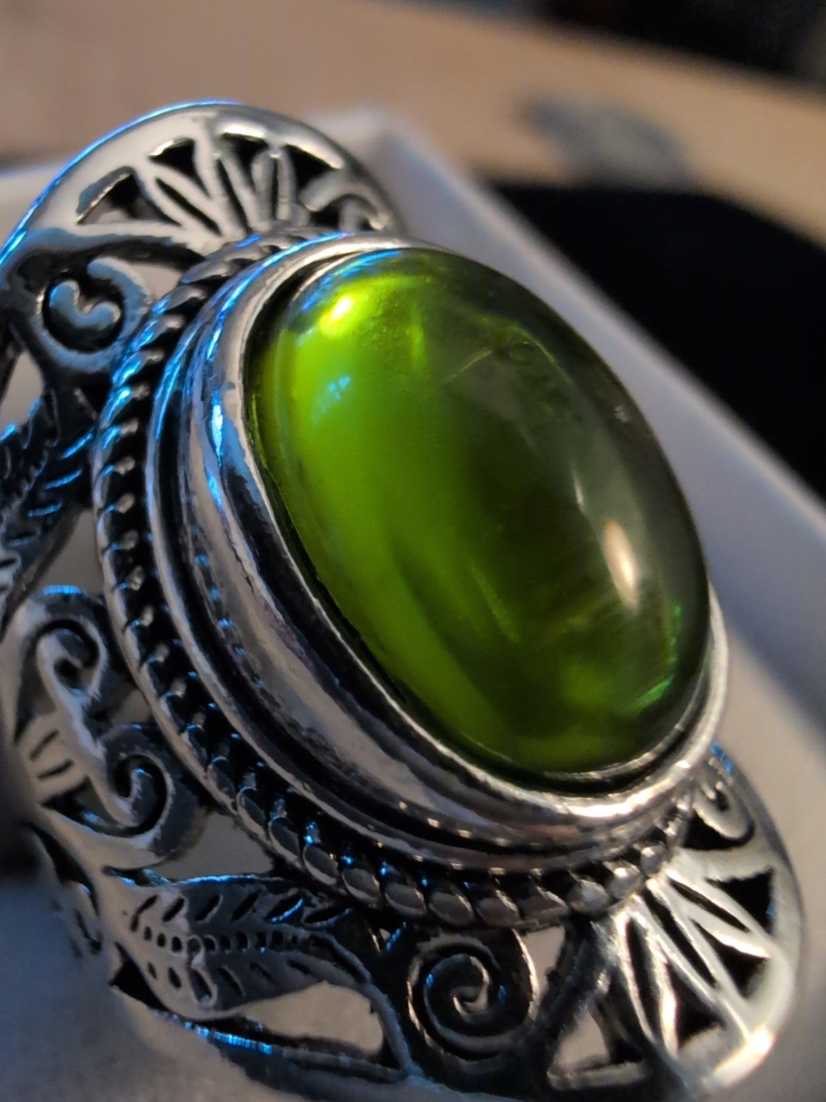 Sterling Silver Size 7 Ornate Vintage Revival Perfect Eye Clean Green Amber