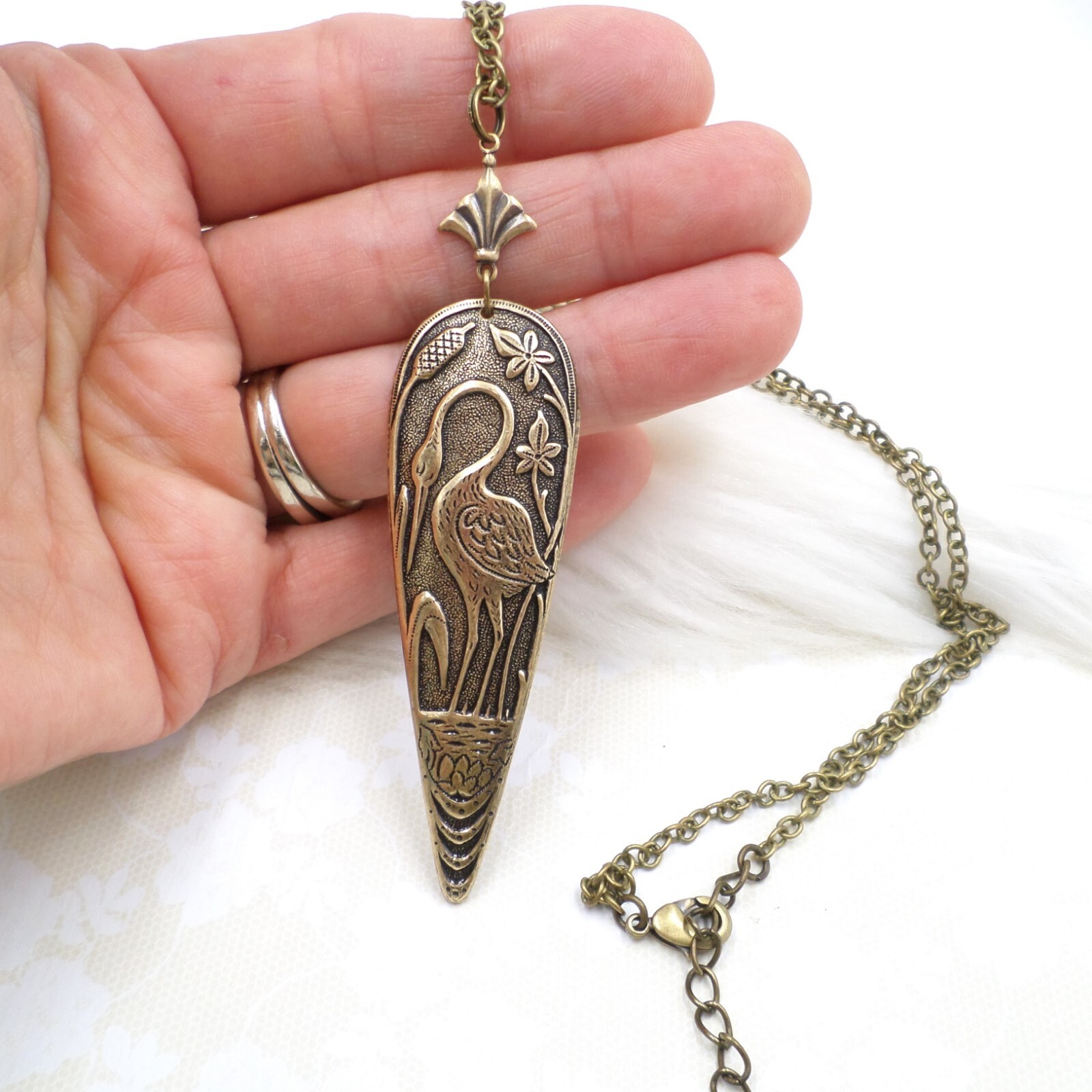 Antique Brass Heron Crane Pendant Necklace, Art Nouveau Bird Lover Gift Idea