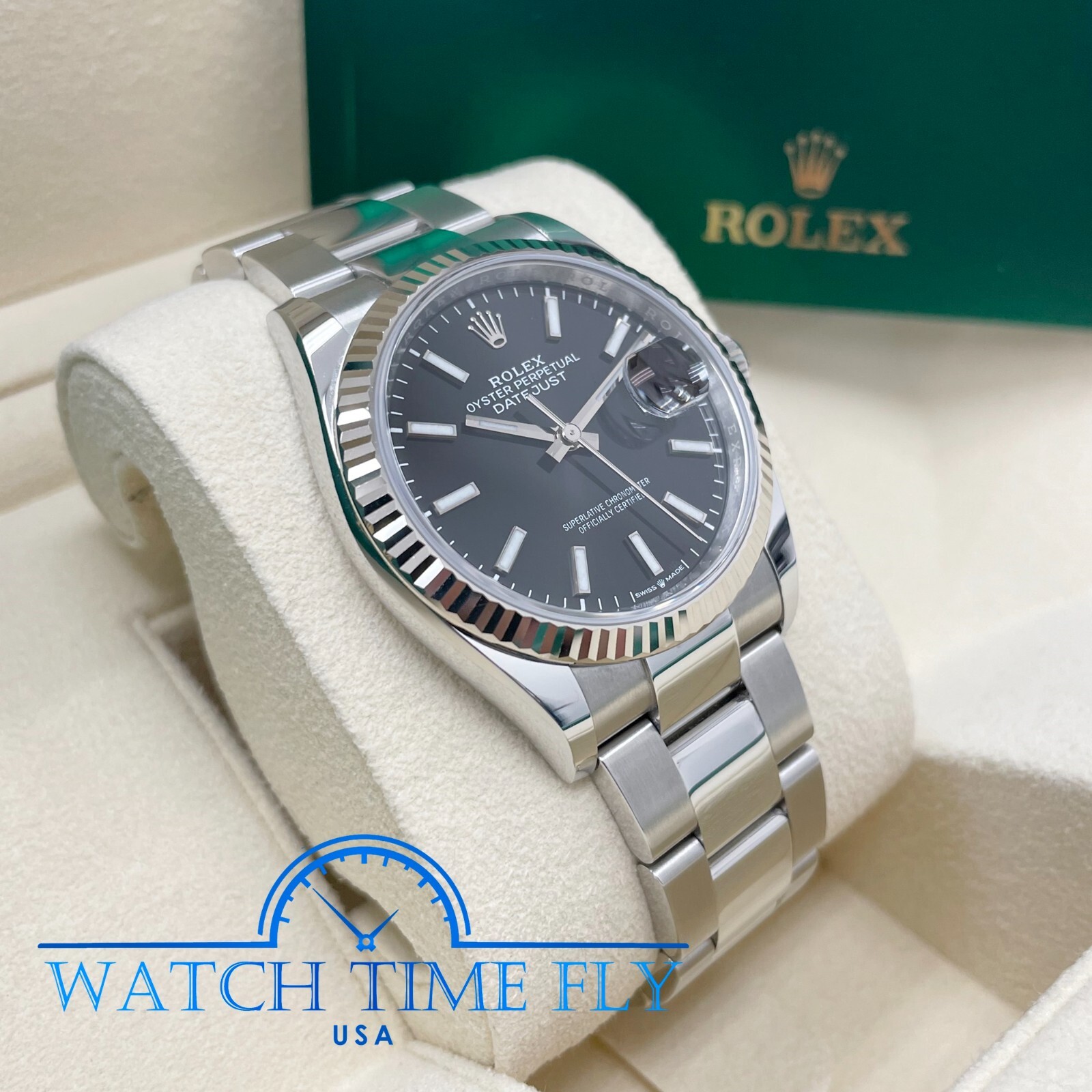 Rolex 126234 Stainless Steel Datejust 36mm Fluted Bezel Black Index Stick Dial