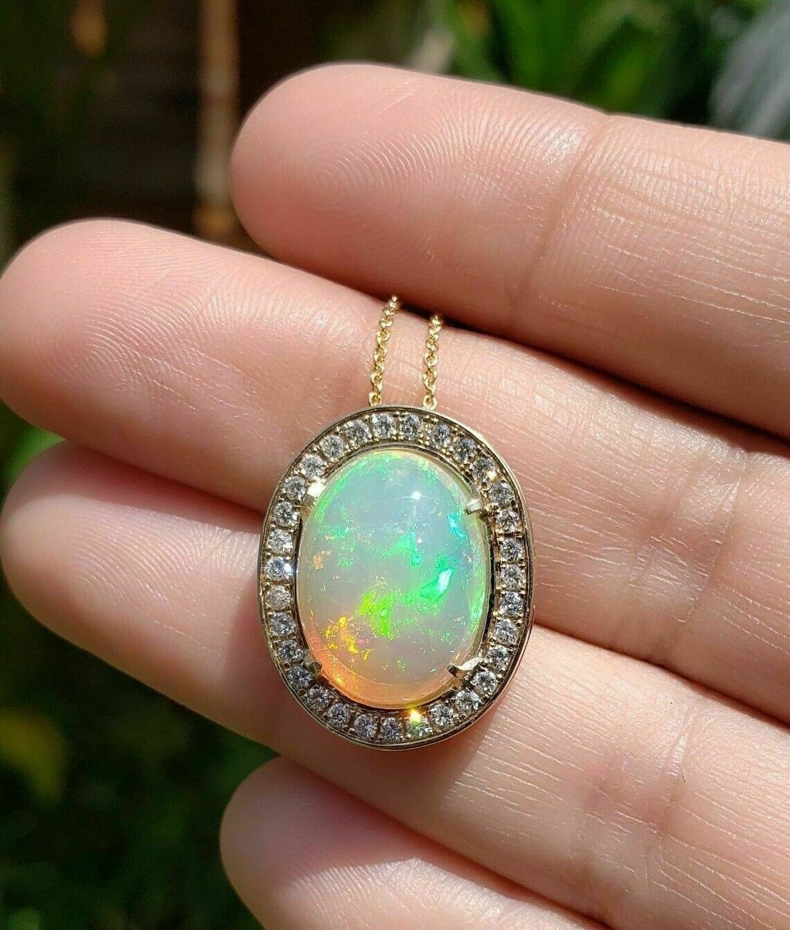 Delicate 3.20Ct Oval Cut Fire Opal Halo Pendant Necklace 14K Yellow Gold Finish.