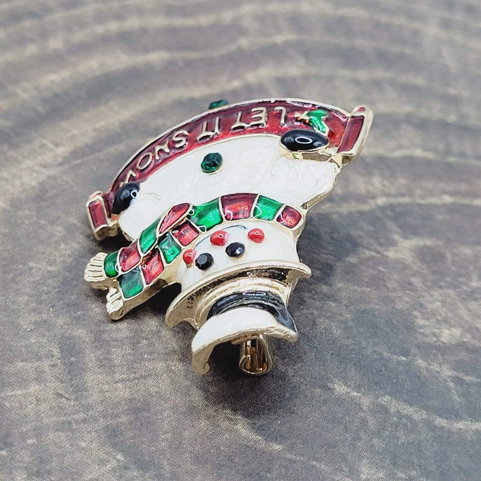 LET IT SNOW Metal and Enamel Snowman with Top Hat Scarf Gold Tone Brooch Pin
