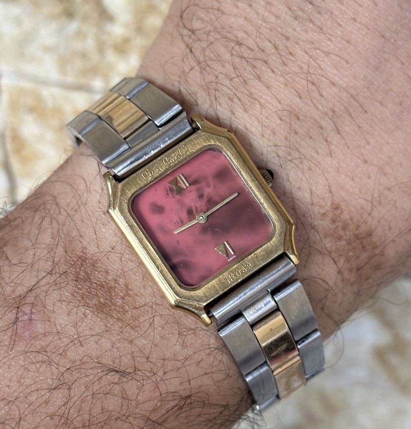 Vintage Pierre Cardin Watch Limited Edition Unisex Burgundy Rose stone dial Tank