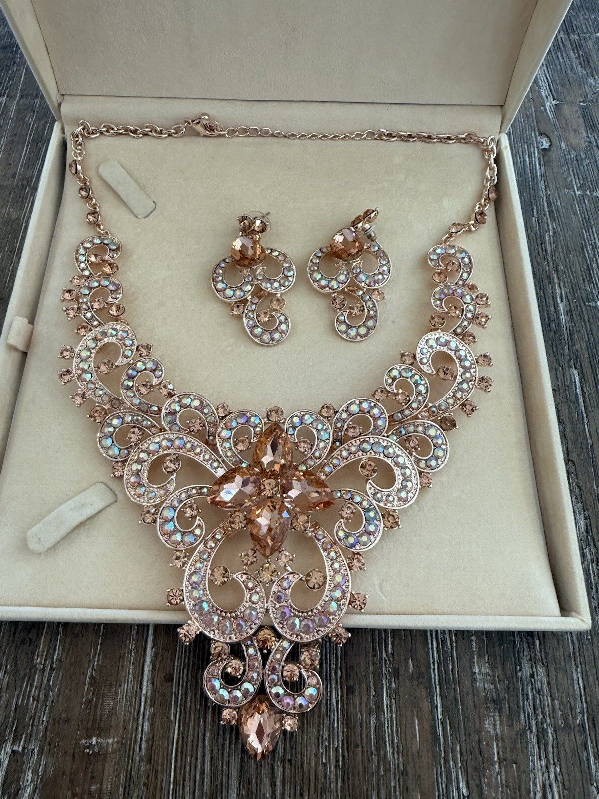 New Peach Rhinestone Wedding, Bridal, Prom Or Pagent Set With Matching Earrings