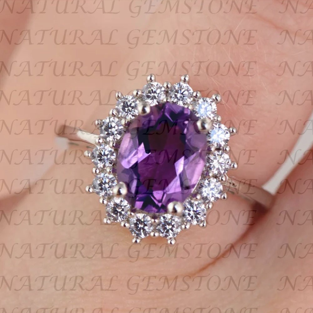 6.80Carat Oval Shape Natural Amethyst and Diamond Ring 18K White Gold Filled