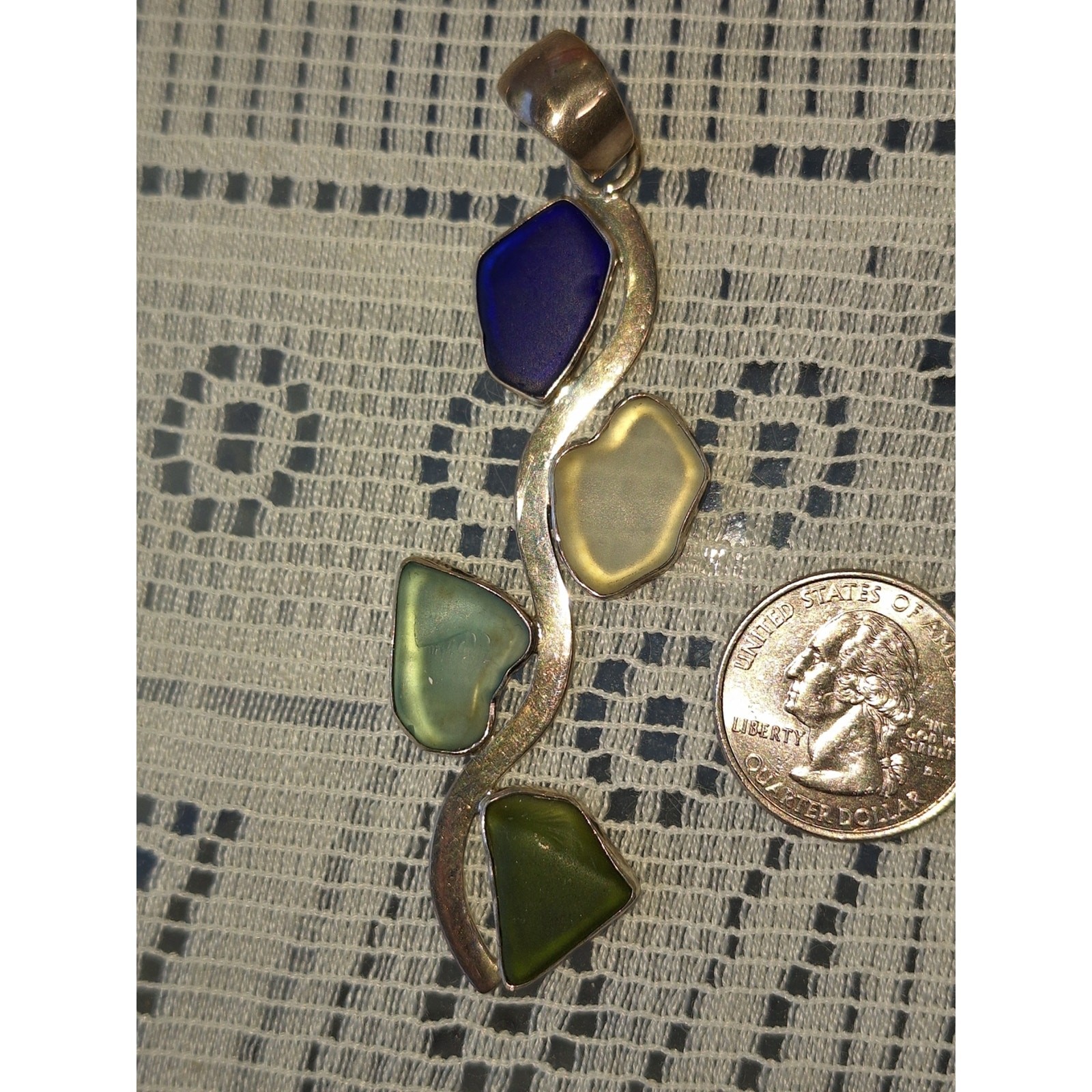925 Silver Wave Pendant with Blue, Yellow and Green Sea Glass Inlays