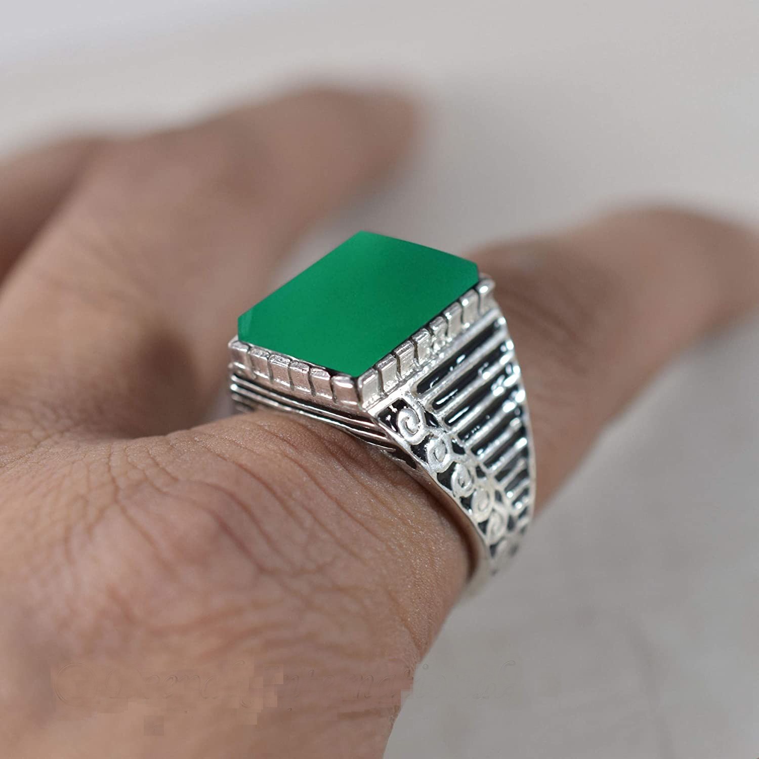 Solid 925 Sterling Silver Natural Green Onyx Gemstone Signet Men’s Unisex Ring