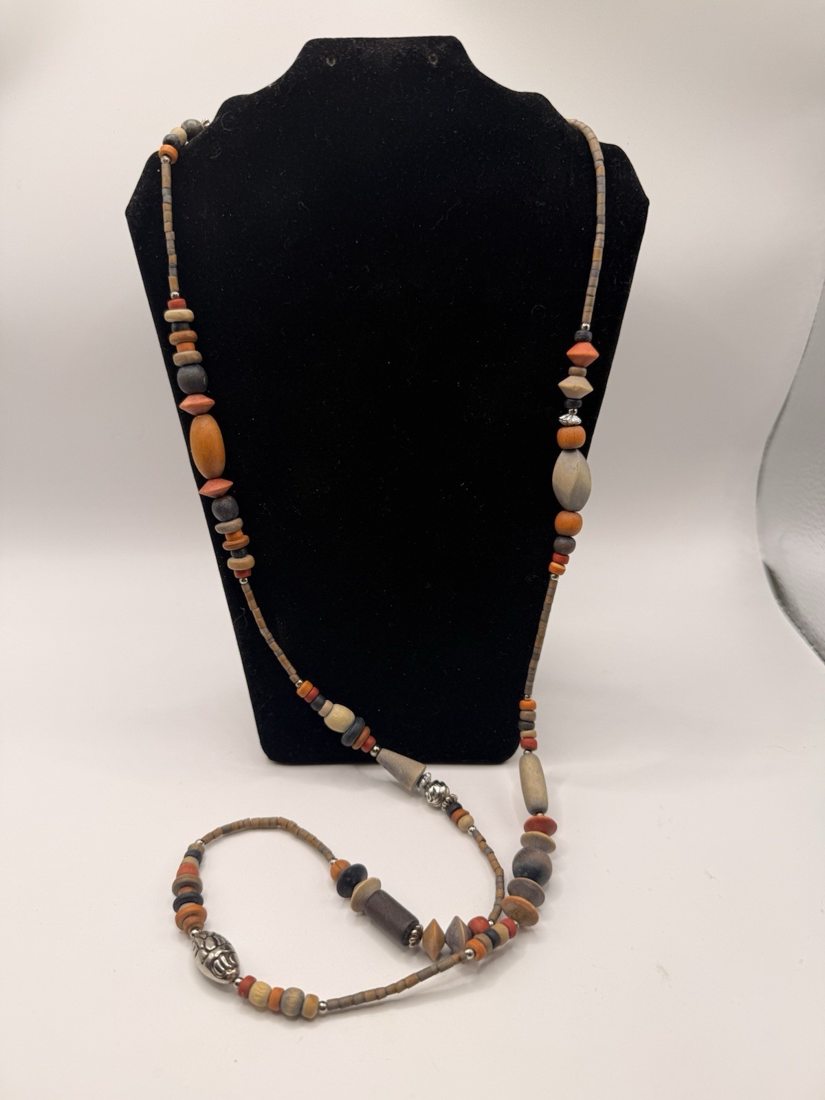 Artisan Long Wood Bead Necklace Earth Tone Boho Tribal Continuous Strand 37”