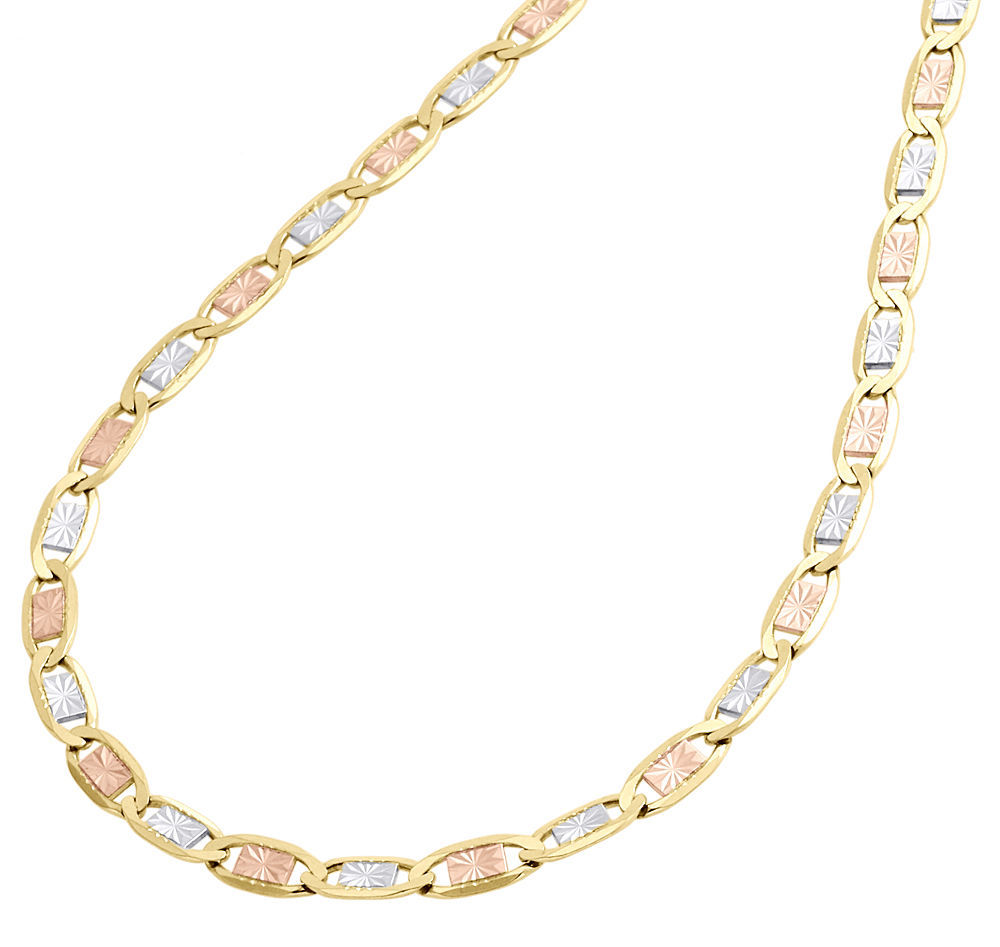 Real 10K Tri-Tone Gold Solid Valentino Link Chain 4mm Necklace 16 – 30 Inches