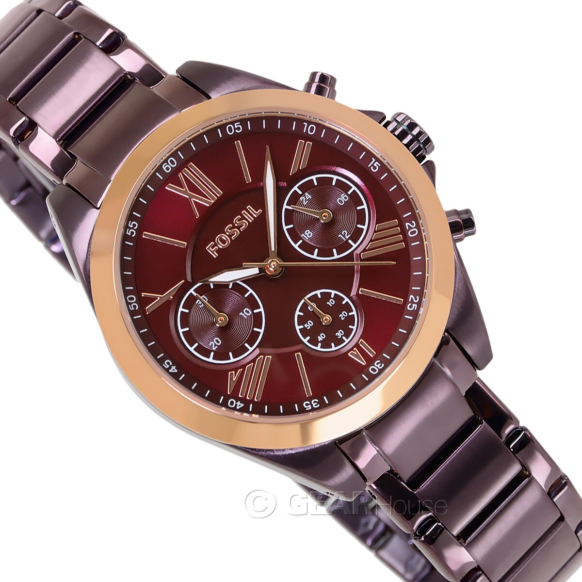 FOSSIL Modern Courier Womens Chronograph Watch, Red Rose Gold Dial Burgundy Band