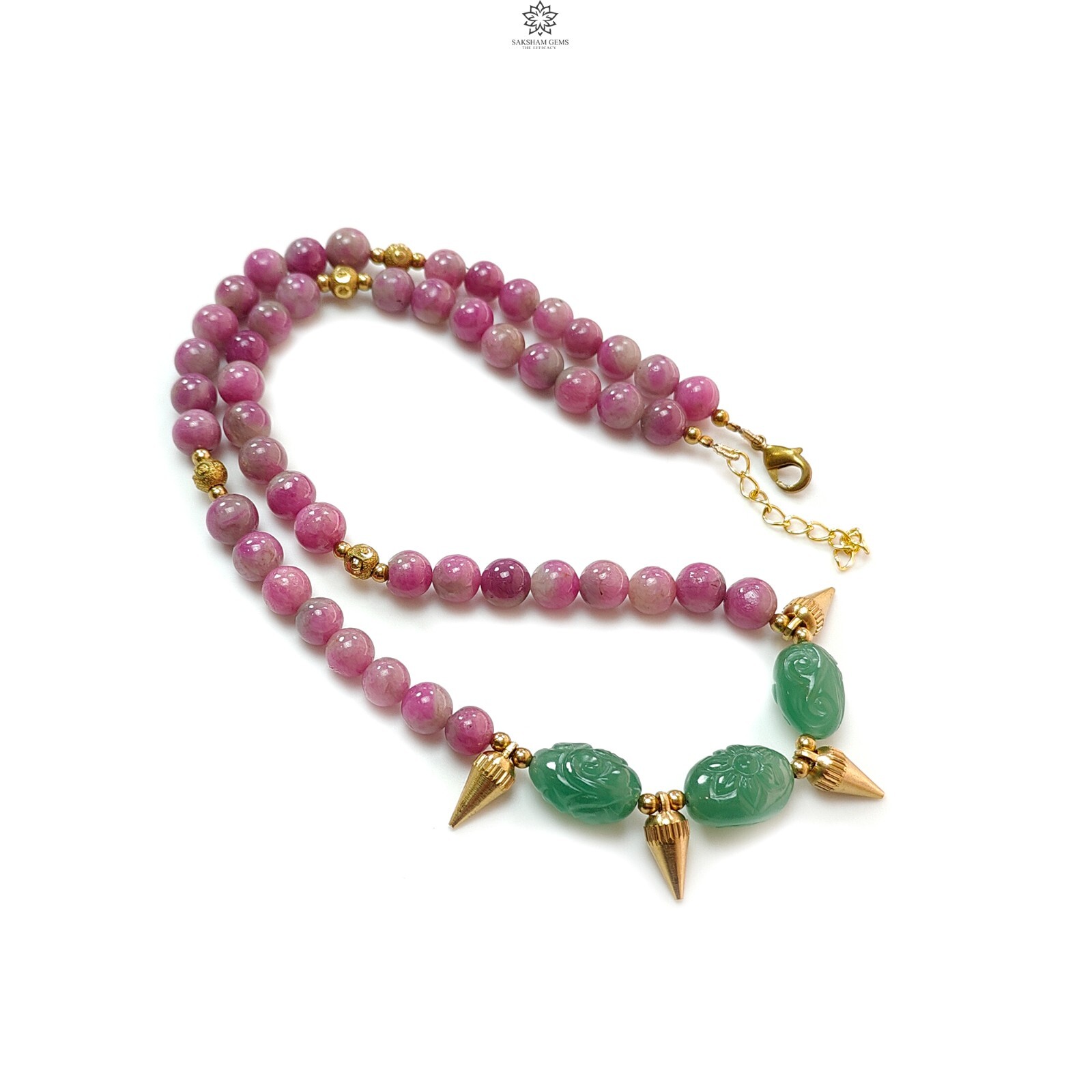 285.90ct Ruby Zoisite, Jade Round Plain Brass Necklace Earring Jewelry Set 18.5″