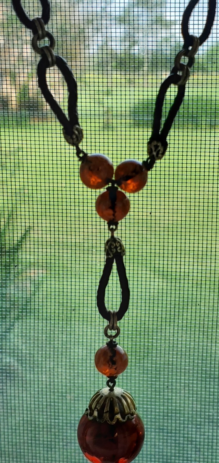 1920s ART DECO ~ LOUIS ROUSSELET Glass & Plaited Leather PENDANT Y NECKLACE