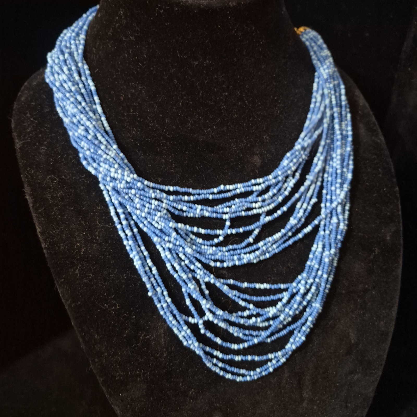 Vtg Boho Multi Strand Blue “Waterfall” Seed Beed Necklace Layered Bib Statement