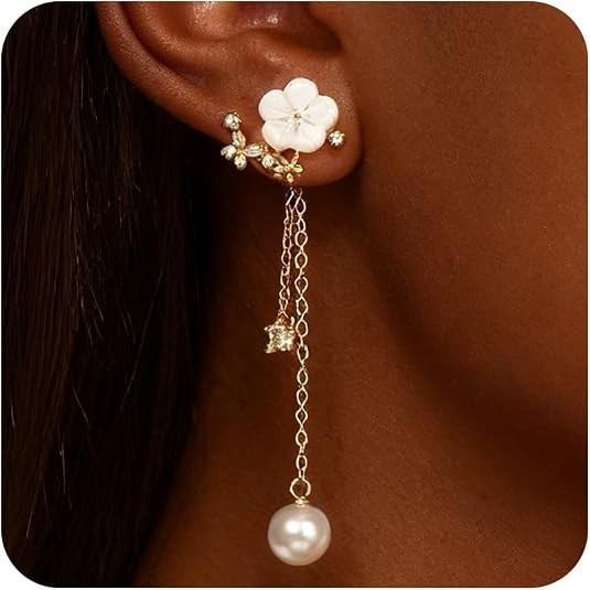 Aretes Largos de Cadena Flor dorado 14K para Mujer o Dama de Honor