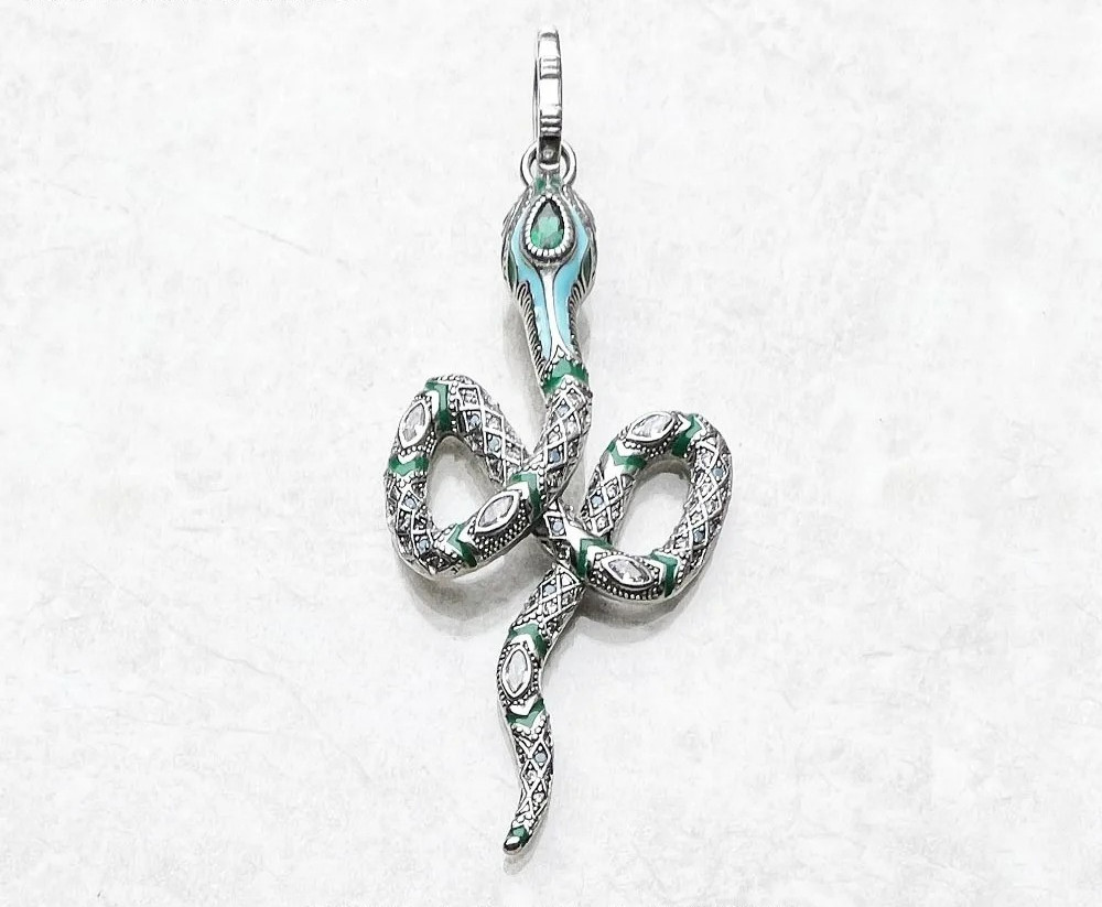 Snake Serpant Turquoise CZ Pendant 925 Sterling Silver 2.8 Inches Long