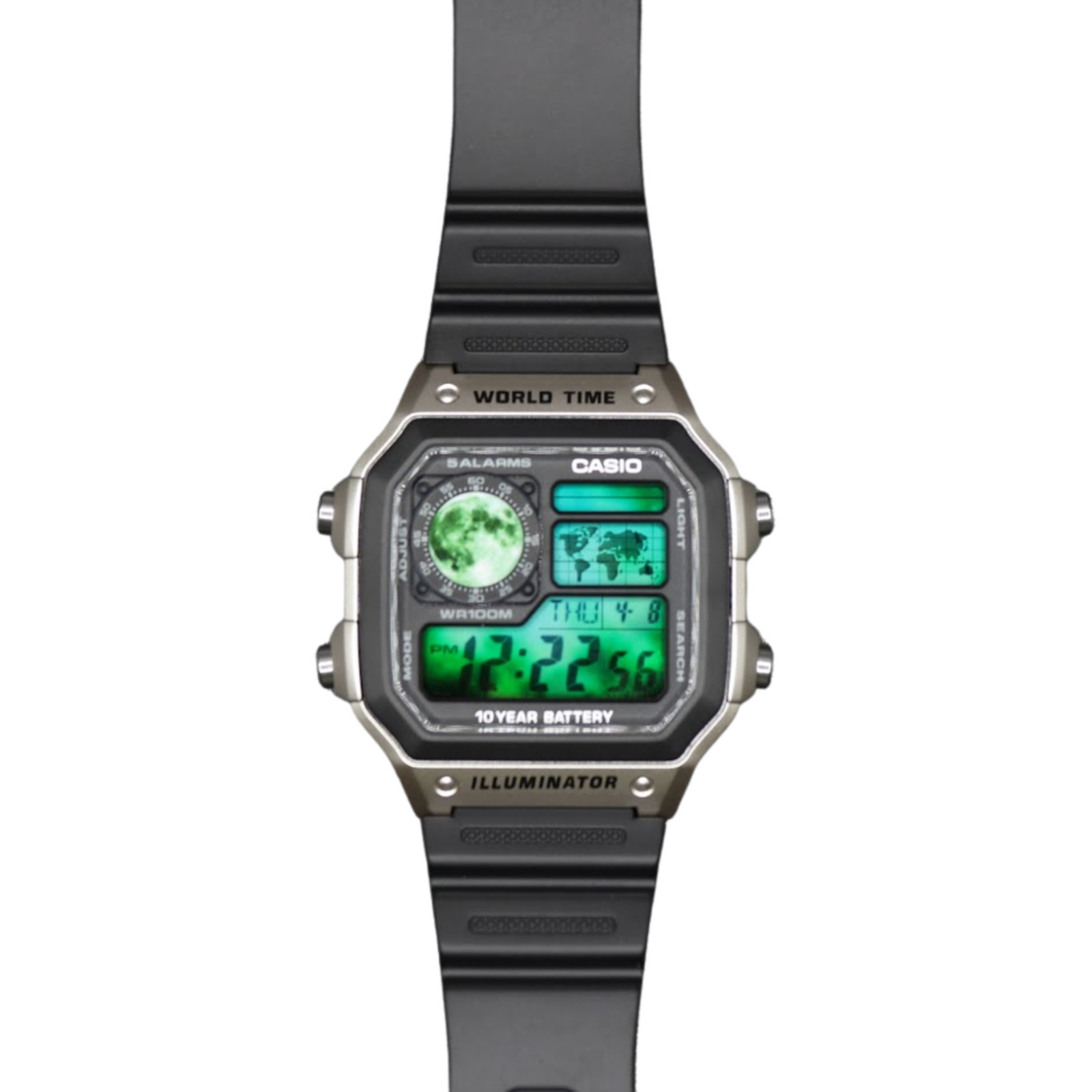 CASIO AE-1200WHD Royale World Time Watch Mod Lunar Green Display