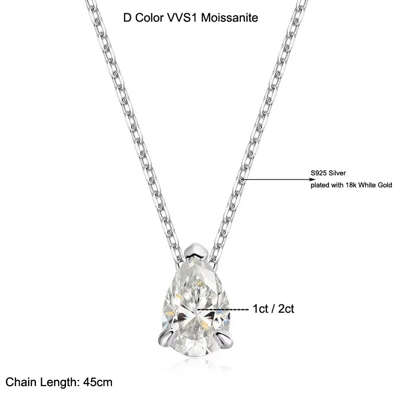 1-2ct Pear Cut Moissanite Solitaire Pendant Necklace S925 Silver 18K Gold Plated