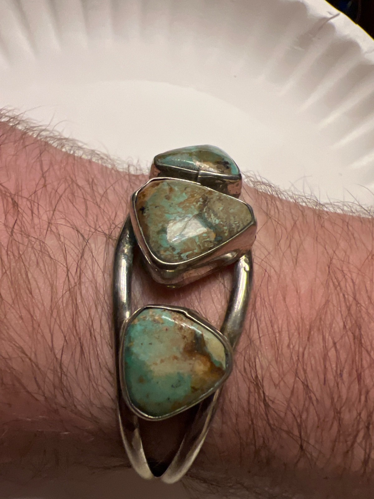 Real 3 Stone Turquoise, SW Alpaca Turquoise Cuff Adult- Medium Bracelet
