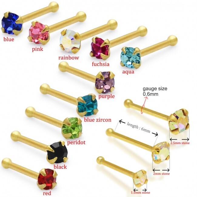1x 22g 9K Solid Yellow Gold Pick Size & Color Crystal Nose Ring Pin Bar 9KGBN051