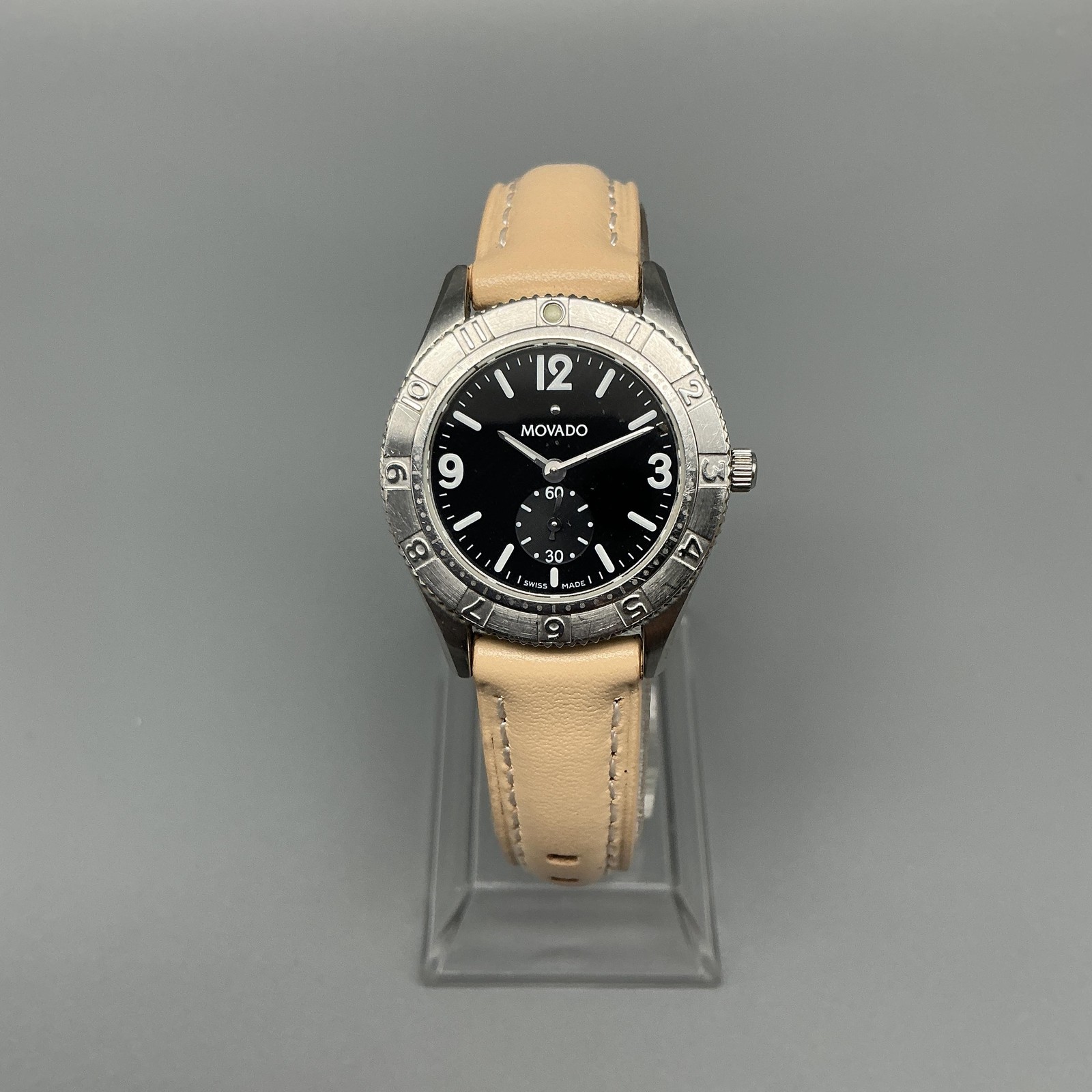 Movado Gentry Womens Watch 28mm Black Beige Leather 84 E9 1860 Swiss New Battery