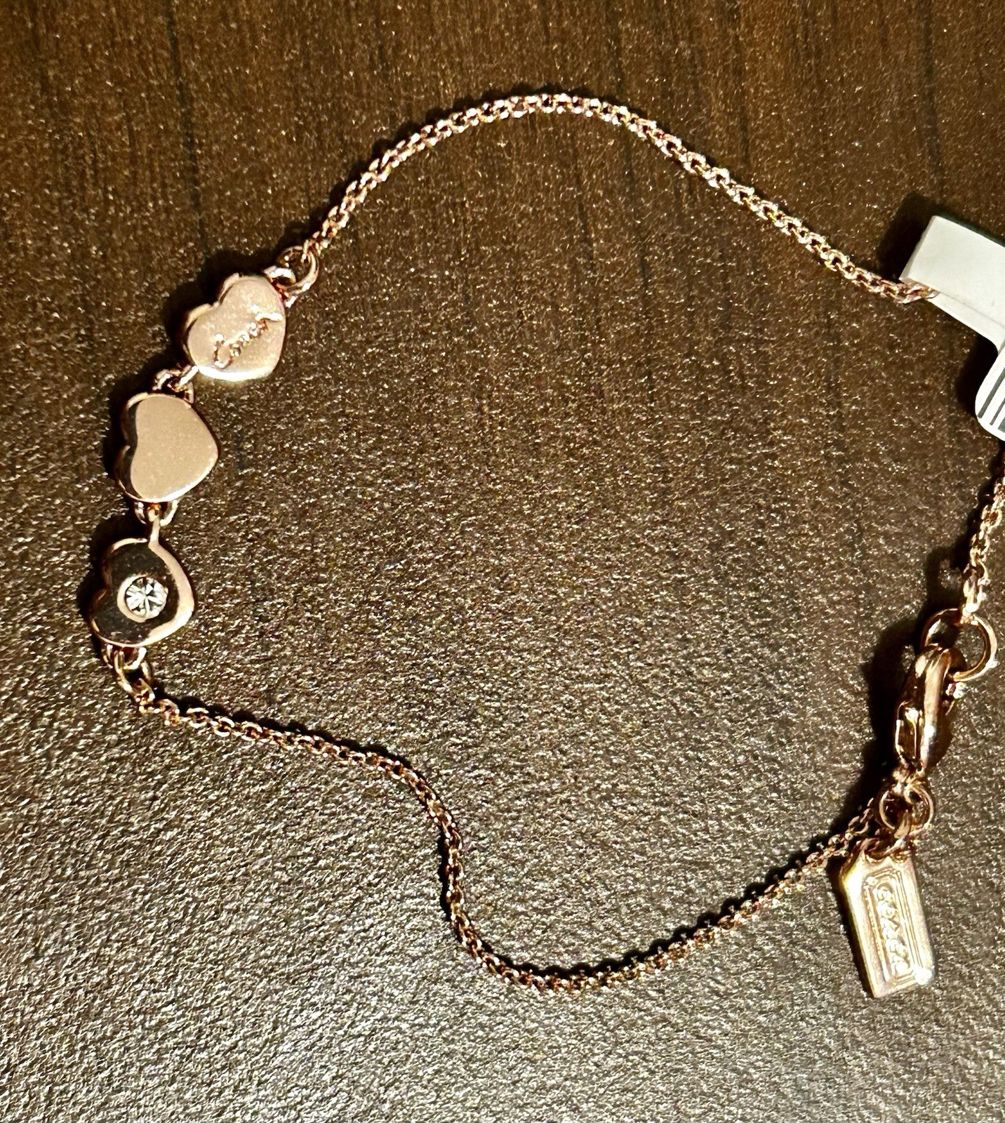 Coach Rose Gold Three Heart Crystal Slider Bracelet NWT