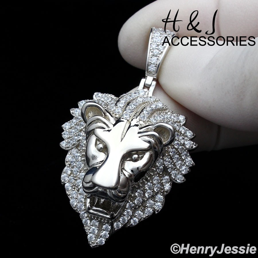MEN SOLID 925 STERLING SILVER BLING MOISSANITE 3D LION FACE PENDANT*ASP533