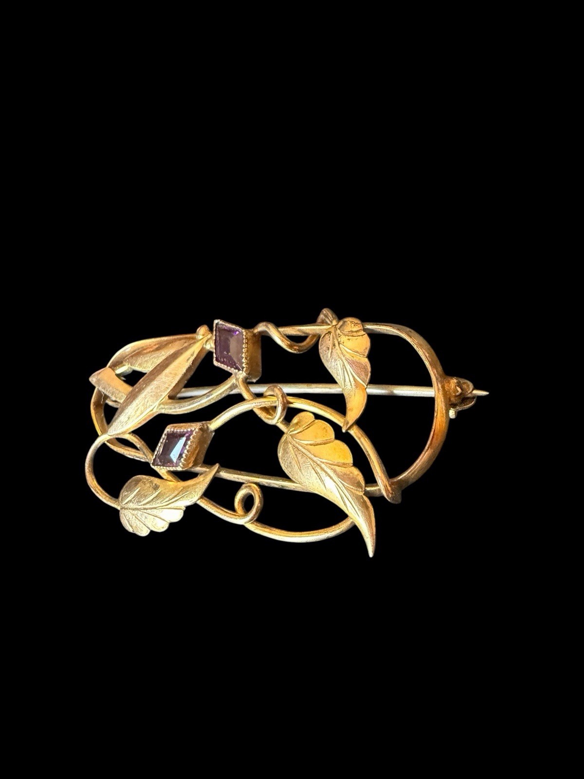 Older Gold Filled Floral Brooch With Purple Stone Accents