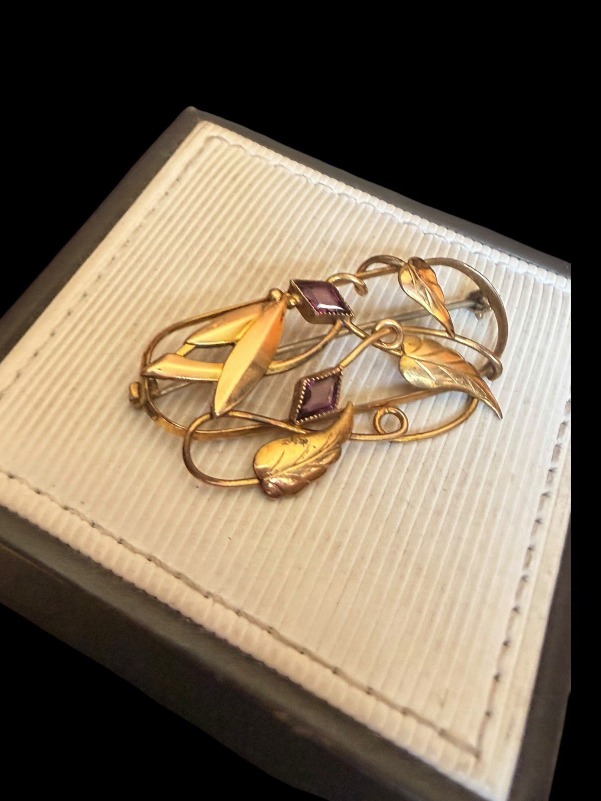 Older Gold Filled Floral Brooch With Purple Stone Accents