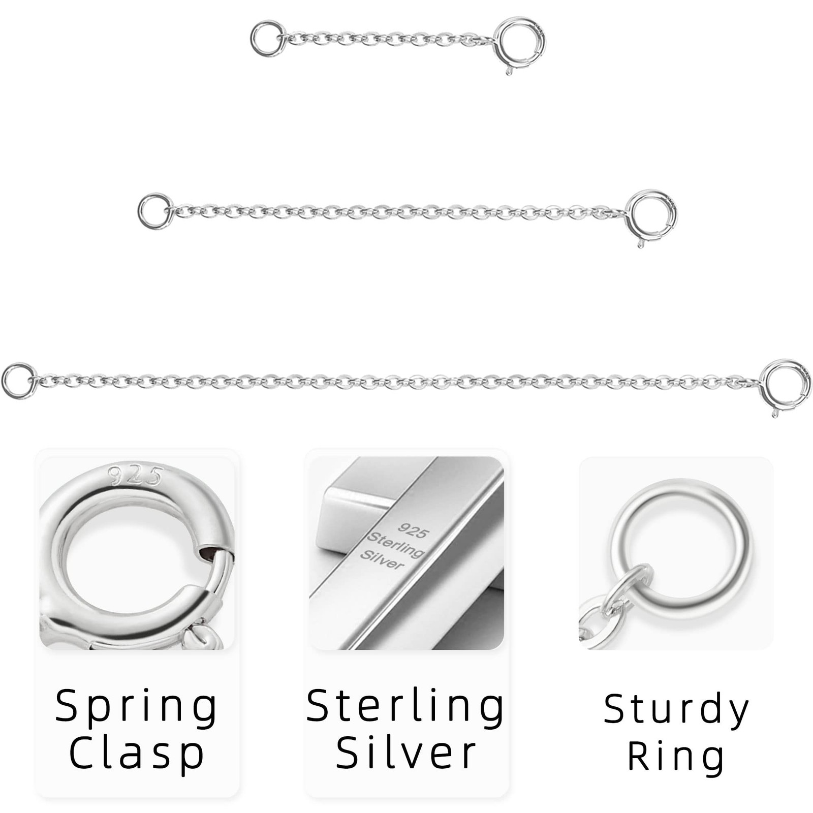 3 Pcs 925 Sterling Silver Necklace Extender Sterling Silver Chain Extenders f