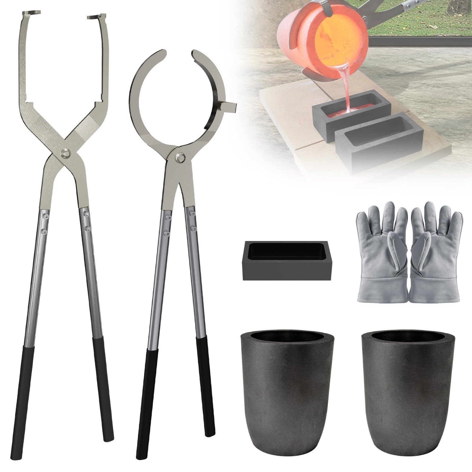 10-12kg Crucible Tongs Set with 2 Graphite Crucibles, Ingot Mold & Gloves for Me