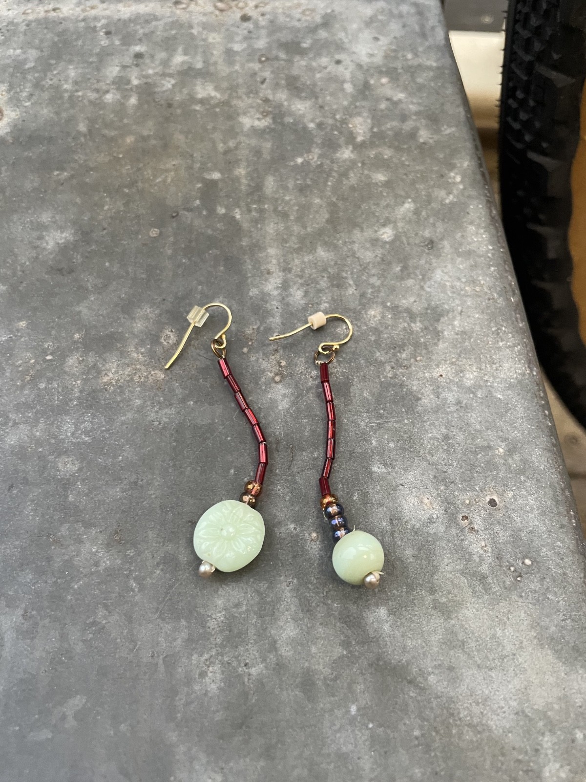 Artisan blue/green and red beaded Drop Earrings w/ flower etching