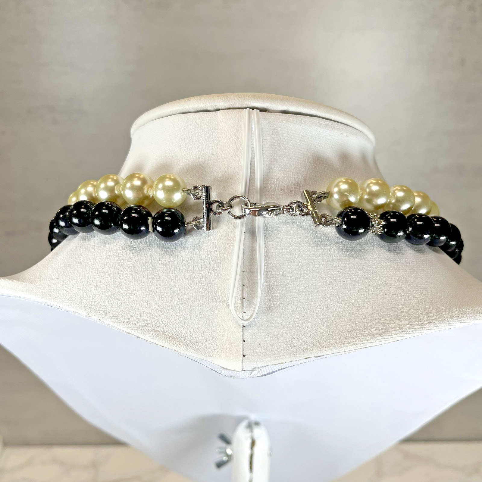 Stunning Talbots Signed Black Enamel Rhinestone Flower Two Strand Bead Necklace