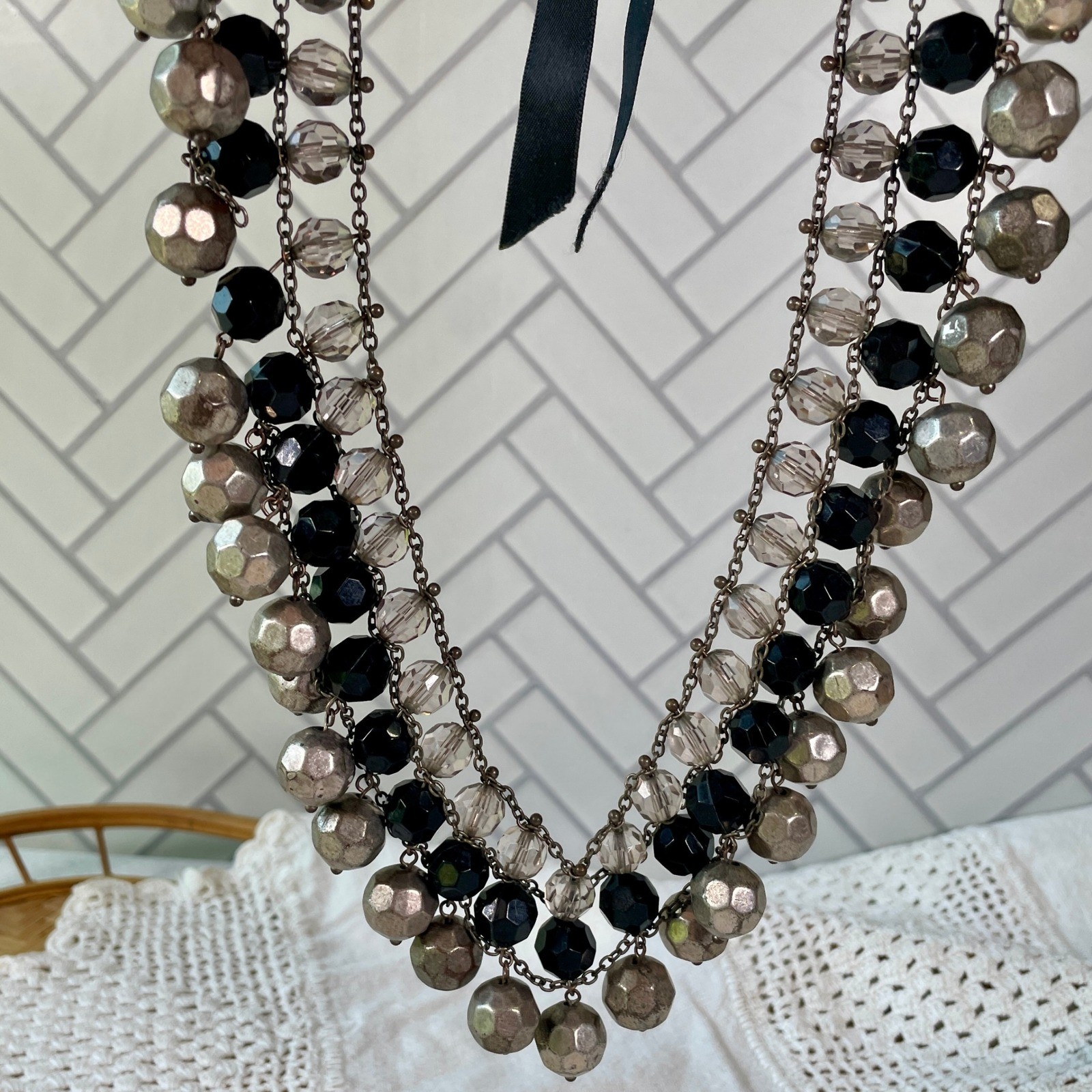 Statement Multi Strand Beaded Bib Necklace Silver Black Grey Ribbon Tie Boho