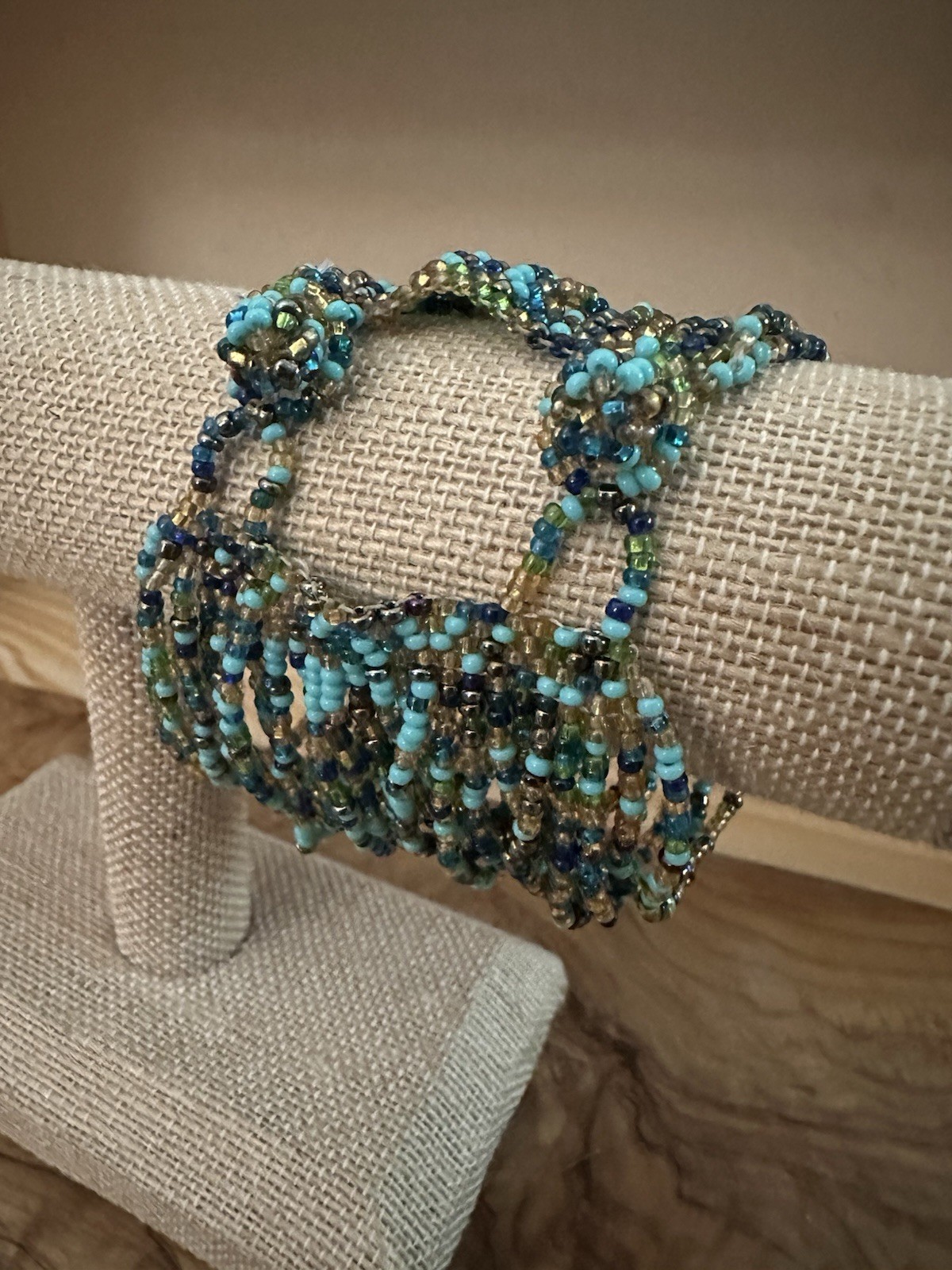 Artisan Seed Beaded 7.5 Wrap Cuff Bracelet Multi Blue Gold Double Toggle Closure