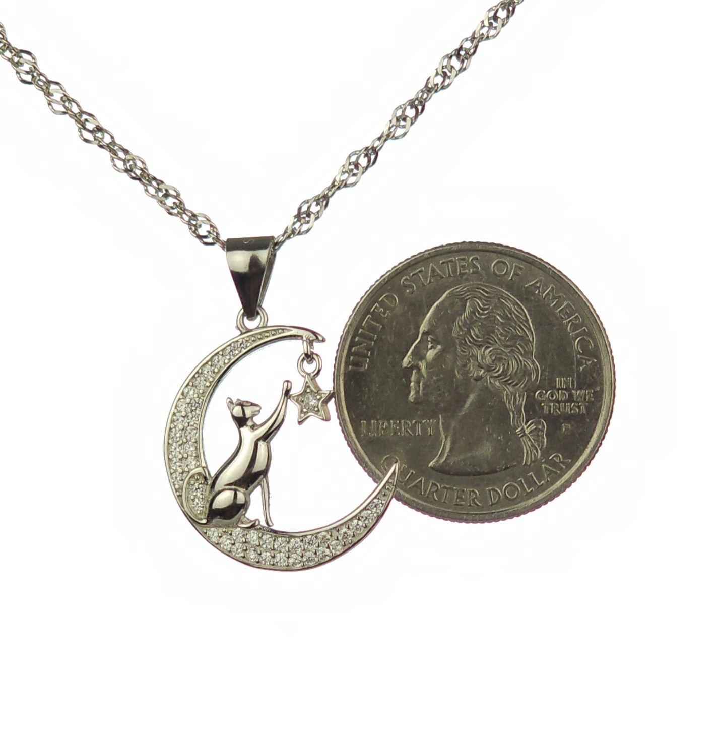 Solid 925 Silver Sparkly Crescent Moon Cat Pendant With 20″ Italy Chain, Pave