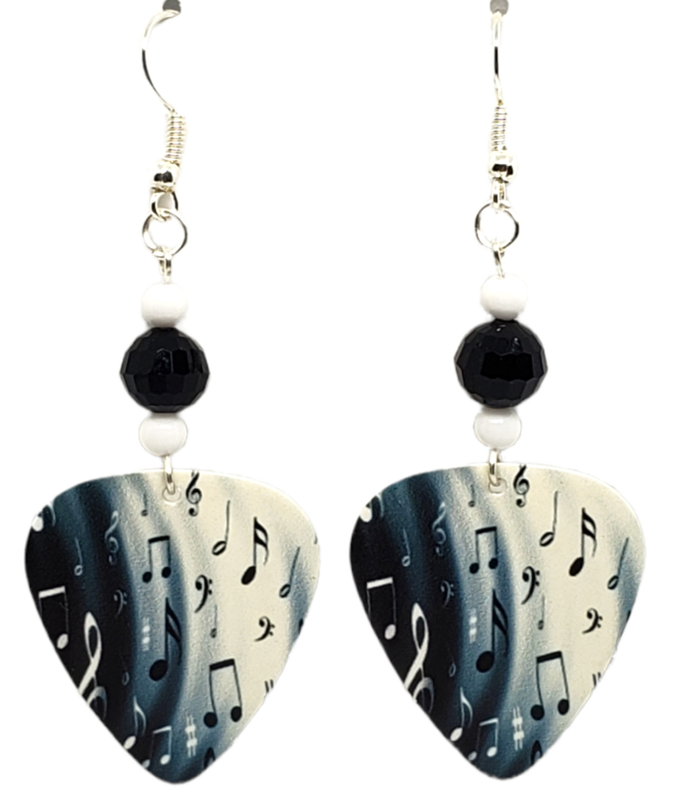 MUSIC NOTES on Blue/White Guitar Pick Earrings with Beads – Handmade in USA New