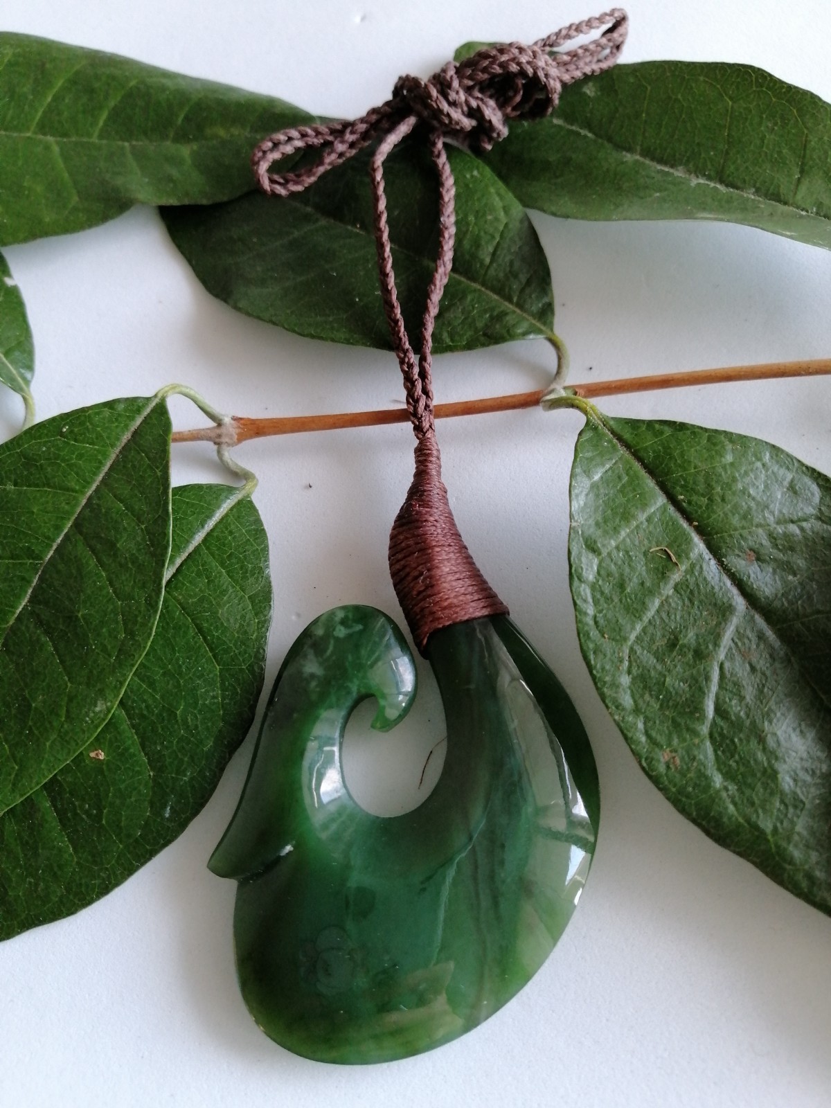 New Zealand Jade Greenstone Bound Fish Hook X Large pendant 70mm L x 45mm W