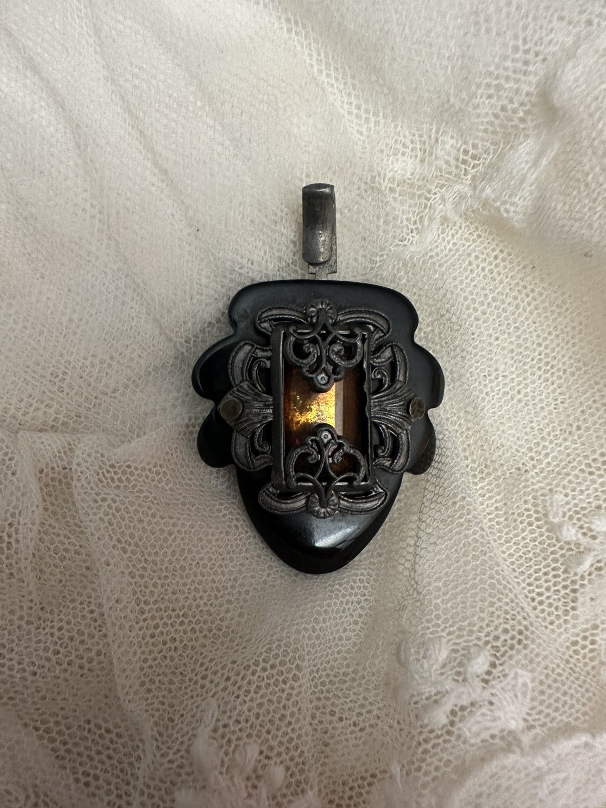 Antique Victorian Cape Clasp Bakelite Converted to Pendant Amber Glass
