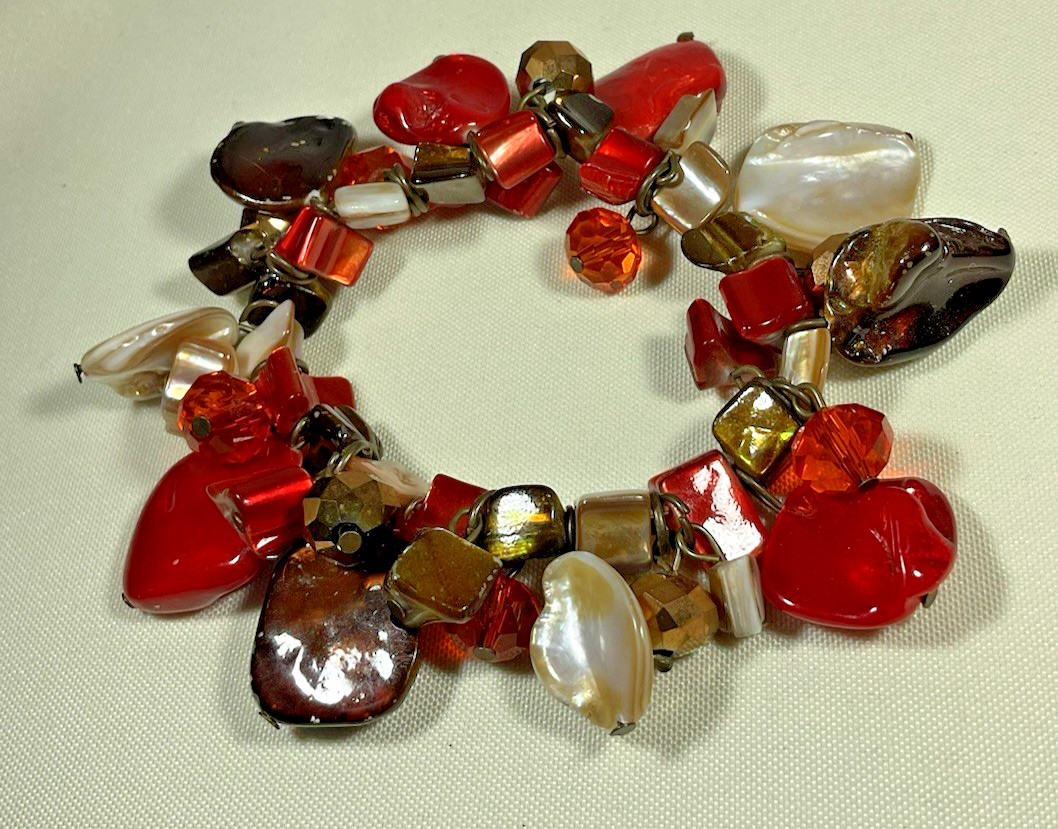 Lot 10 Stretch Bracelets Red Black Silver Tone Beaded Stackable Jewelry Classic