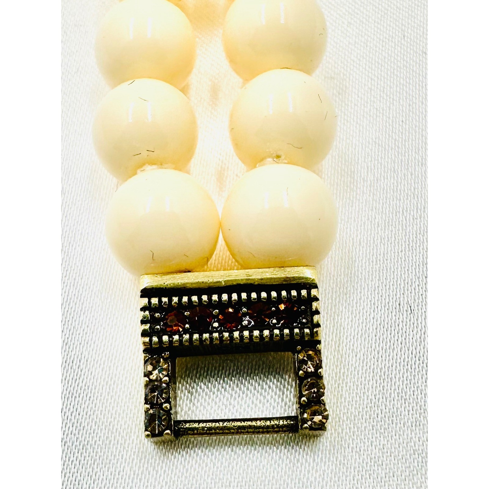 Heidi Daus Cream Faux Pearl Double Strand Bracelet Bronzetone Crystal Clasp 8in