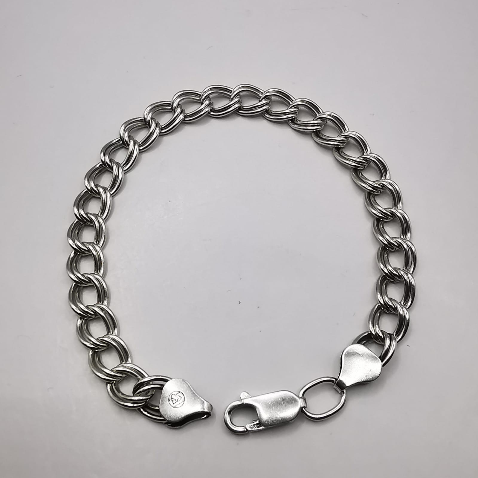 925 Sterling Silver Double Link Curb Charm Chain Bracelet 9.84g Lobster Clasp