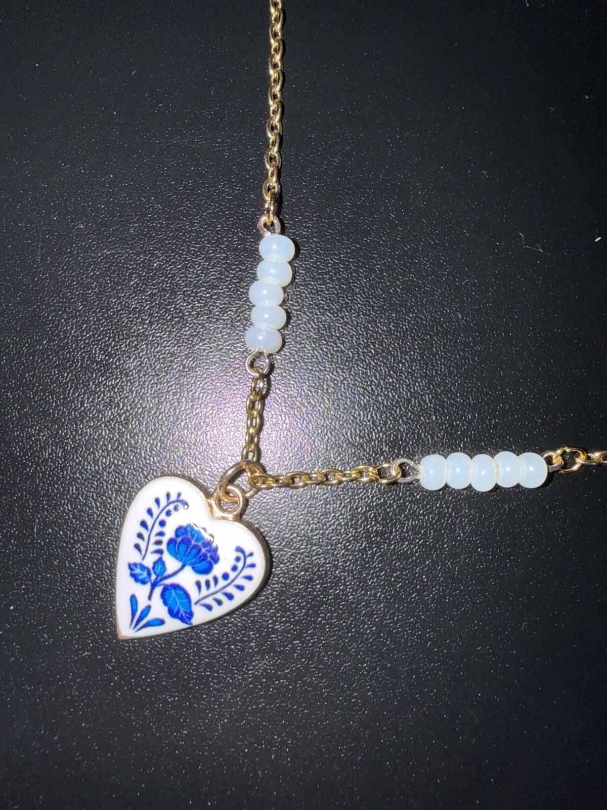 Stainless Steel Cable Chain Necklace, White Glass Beads, Blue Heart Charm, 16in