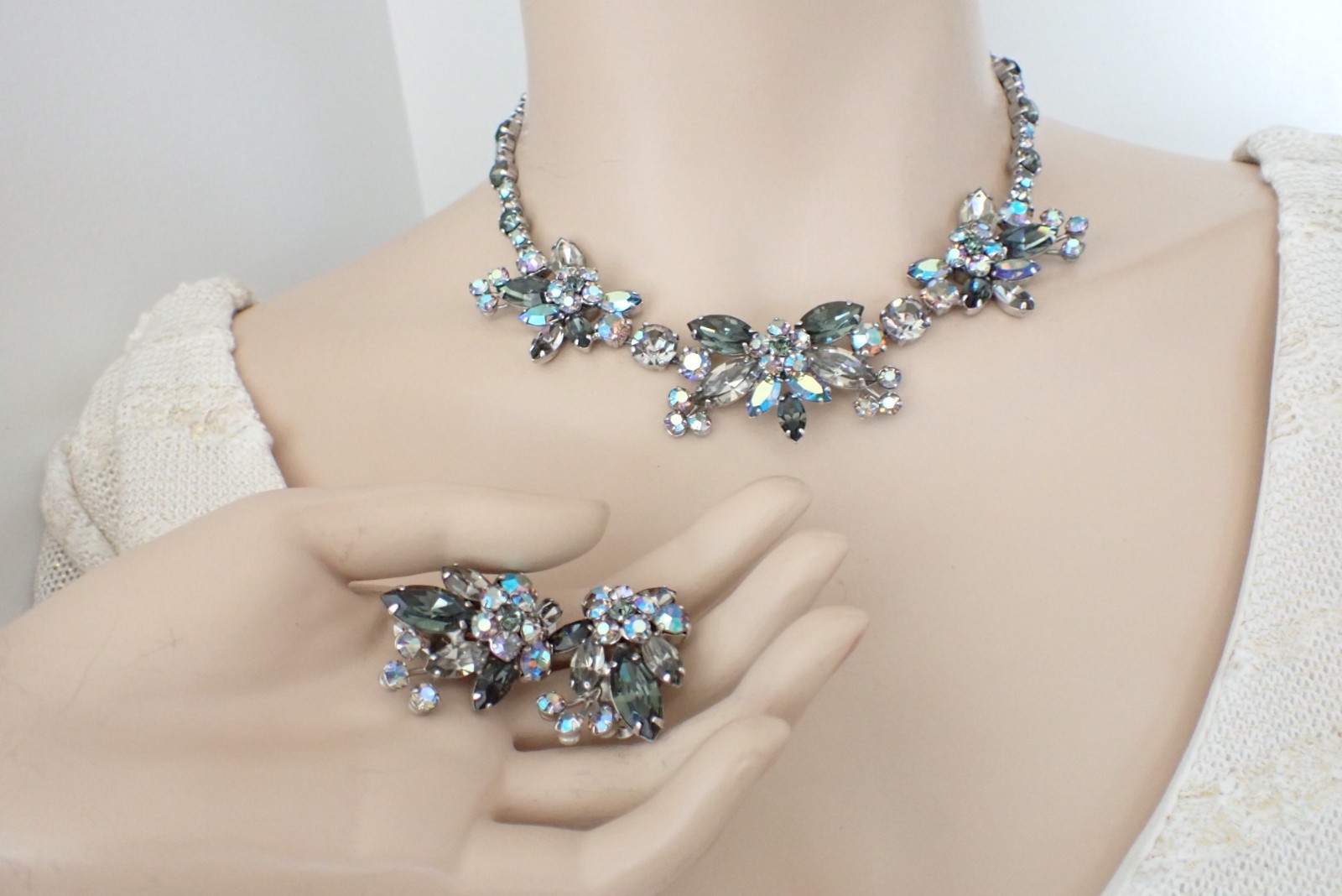 Vintage Signed Sherman Rhinestone Necklace & Earrings Set Blue Smoke & AB
