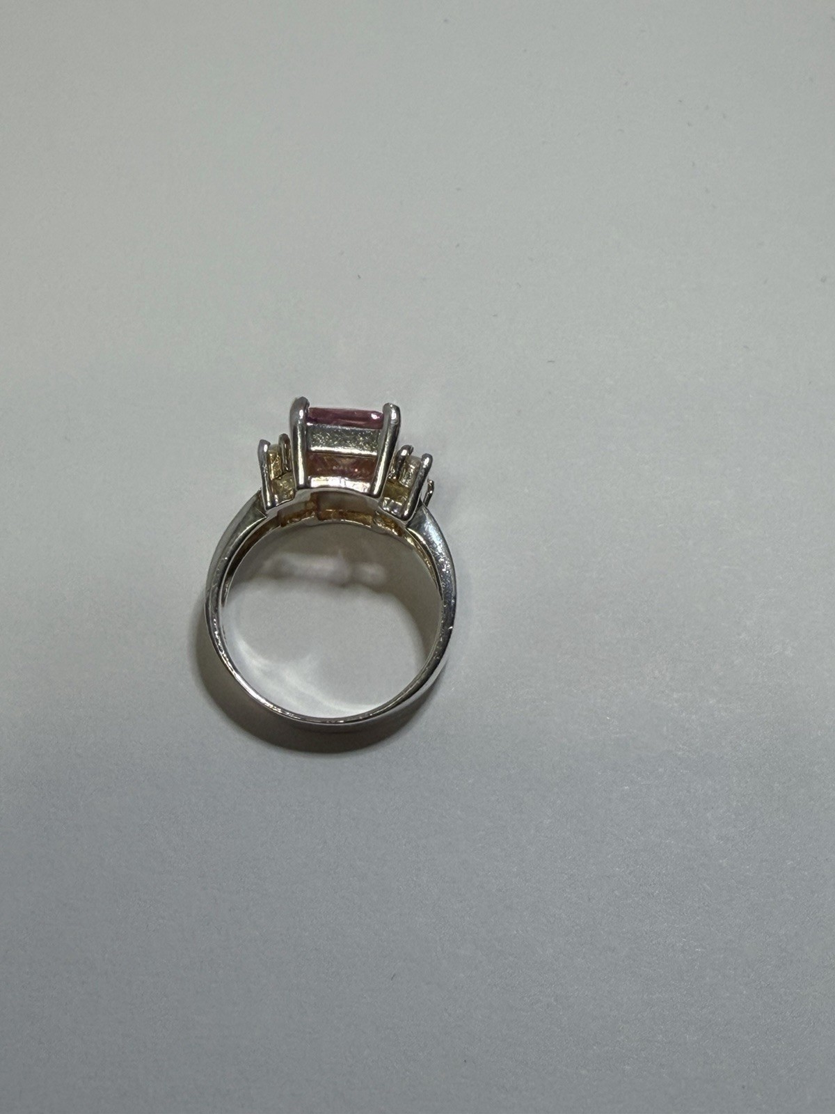 Silver Tone Prong Set Square Pink Emerald-Cut Gemstone Ring Size 8 Accent Stones