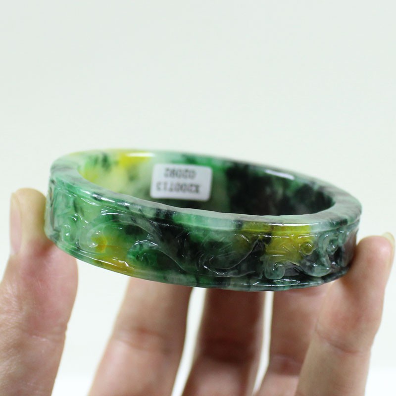 61mm Real Natural Ice Multicolor Burmese Jade jadeite Carving Bracelet Bangle
