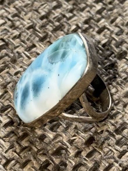 Natural Larimar Rectangular Cabochon 925 Sterling Silver Ring